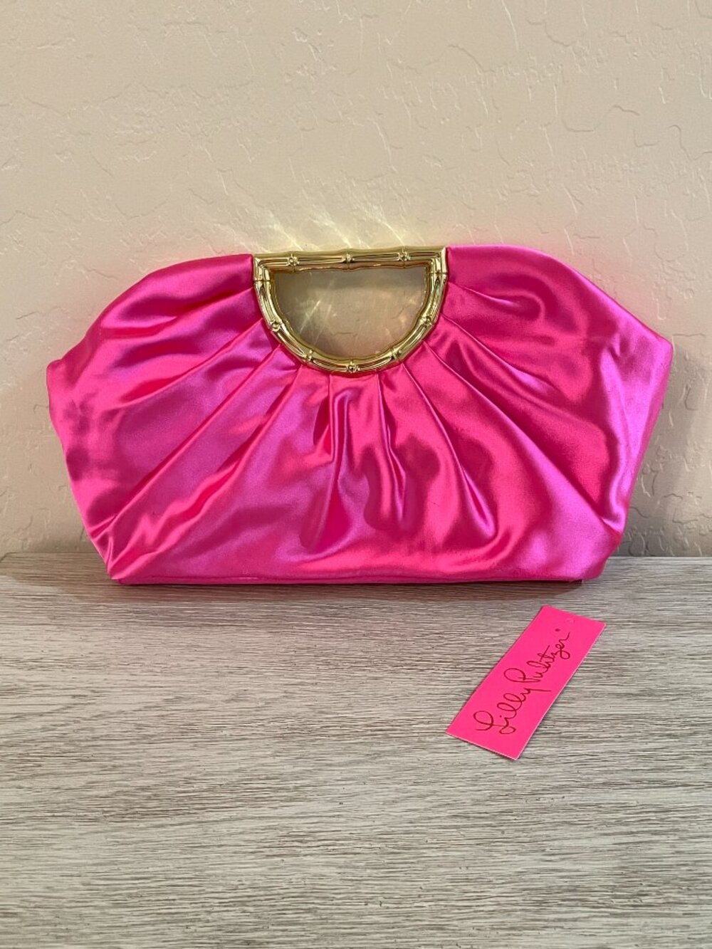New Lilly Pulitzer Culver Clutch Bag Cerise Pink Satin Gold Metal Bamboo Handle